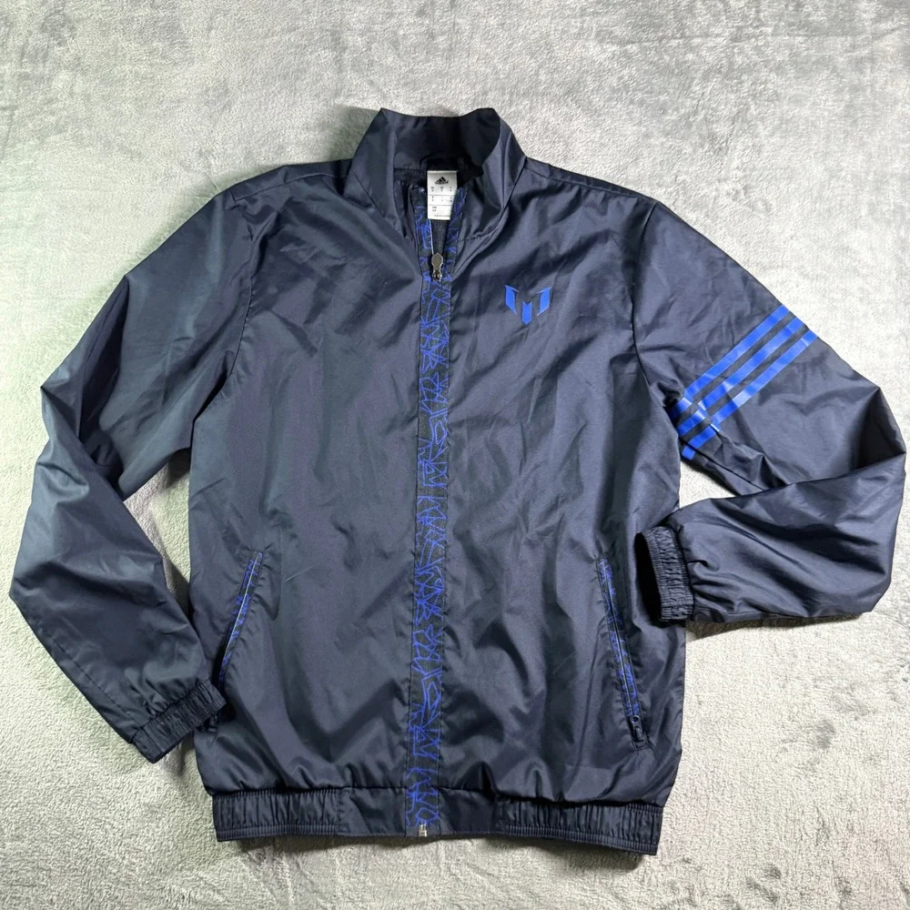 Adidas Messi Windbreaker Jacket Mens Small Navy Blue Full Zip Soccer Training